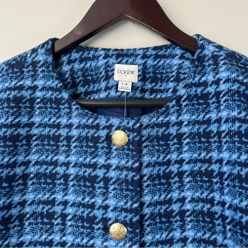 NWT J.Crew Womans 14 Baltic Blue Check Lady Jacket Crop Tweed Blazer Wool Blend